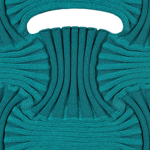 Intricate knit in focus—Bow Bag-Pacific Blue highlights sculptural pleats, fluid design, and bold yet refined statement style