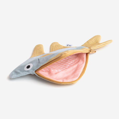 The interior view of blue colour small silver biddy purse which shows pink fish meat and white bones made from fabric