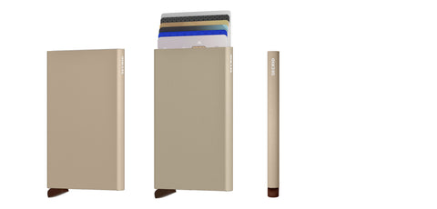 Secrid Card protector in powder desert colour showing multiple angles and 6 cascading cards which is neatly fitted