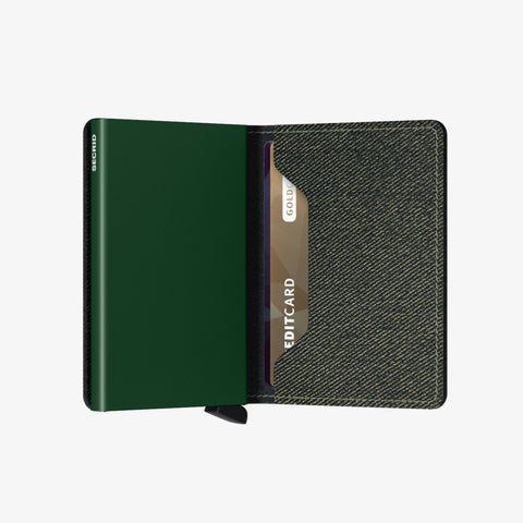 Opened view of the Slimwallet-Twist- Twist Green, showing the compartment and reveals a sleek green aluminum core with quick card access
