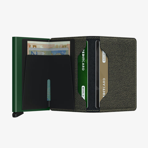 Slimwallet-Twist- Twist Green: sleek green aluminum core with textured woven finish, smart layout for cash & cards—compact, stylish, everyday luxury