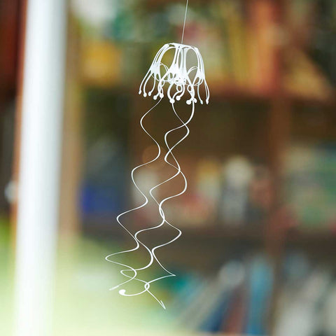 Finished piece of KURUKURU Wind Jelly Fish Hanging, slanted angle view, by Fukunaga Print Co., Ltd