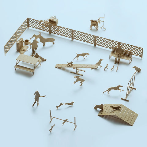 Fukunaga-1/100 Architectural Model (People and Places)-No.67 Dog Run—delicate beige cutouts form a textured, charming miniature park scene
