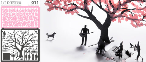 Original uncut template of architectural model of Cherry Blossom on the left and zoom in silhouette cut out of the tree and people on the right