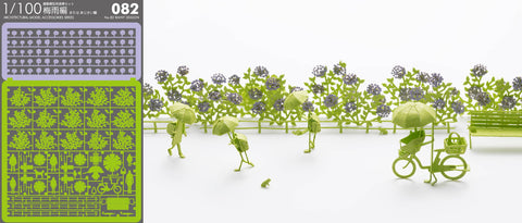 Original uncut template of architectural model for rainy season on the left and silhouette of the flowers and people in umbrellas on the right