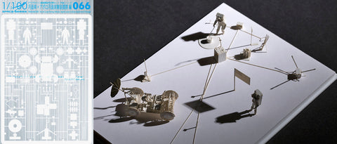 Original uncut template of architectural model for No.66 Lunar Roving Vehicle on the left and silhouette of spacecraft and astronauts on the right