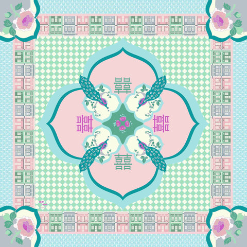 Complete view of Peranakan Opulence Scarf showcasing architecture and cultural Singapore peranakan design with a size of 95x95cm