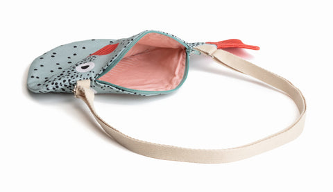 Don Fisher Pufferfish Shoulder Bag-Aqua opens to soft coral lining with a roomy interior—cute, functional, and perfect for little treasures on the go