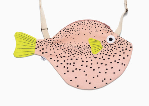 Pufferfish Shoulder Bag-Pink: soft peach fabric with playful black speckles, bright yellow fins, and a cute fish shape—fun, quirky, and eye-catching
