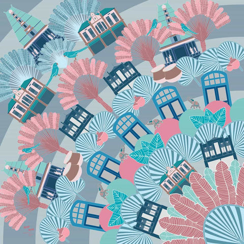 Complete view of Flamboyant Little India Scarf: vibrant teal, coral tones with playful fans & animals in a repeating geometric pattern