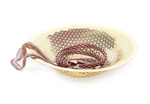 A dish shape Push Solo bowl of brass material being used as a catchall dish to hold small items