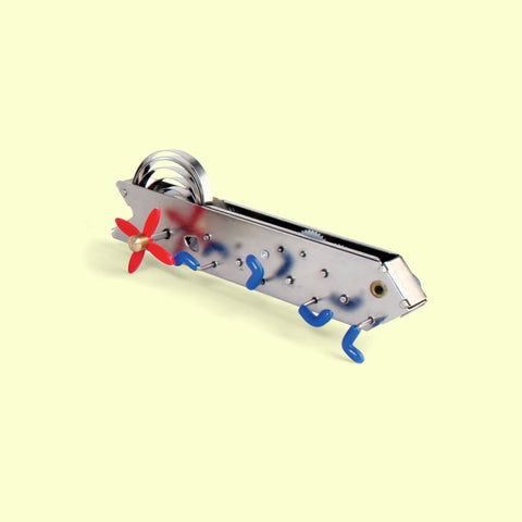 Kikkerland Wind Up Toy - Bonga: sleek metal mechanics, bright red propeller & blue accents—whimsical, retro fun that springs to life with every wind