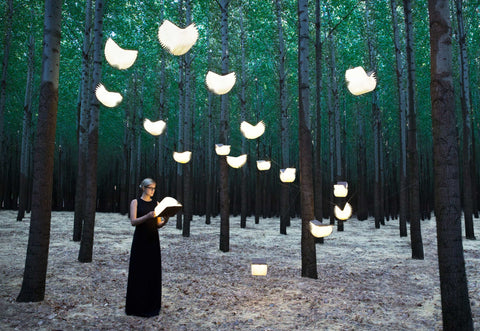 Multiple Lumio Lito Classic Book Lamp illuminating in a forest setting showing its flexibility and warm LED light