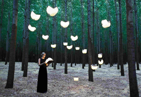 Multiple Lumio Lito Classic Book Lamp illuminating in a forest setting showing its flexibility and warm LED light