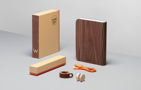Lumio Lito Classic Book Lamp Dark Walnut comes with a USB-C charger, magnetic wooden pegs for mounting, and a leather strap for hanging