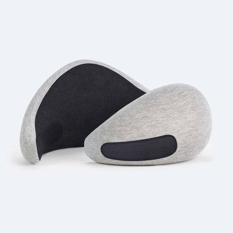 An open up midnight grey colour Go neck pillow with a viscoelastic sleeve made from memory foam material and velcro