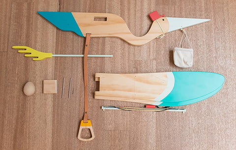 A pre-assembled adult pelican mobile, showing all its components and simplicity in putting it all together