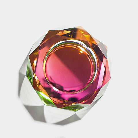 Top view of Fundamental Berlin Regenbogen Crystal Bowl Handmade from heavy crystal treated with a special chromatic film to distorts lights into colours