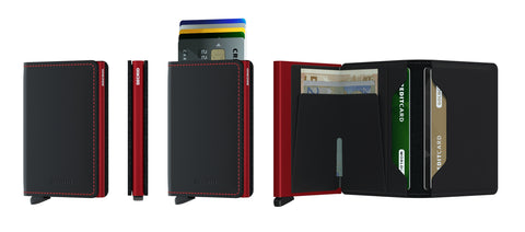 SECRID Slimwallet - in matte black & red colour, showcasing different angle and function of the card-protector wallet