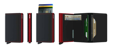 SECRID Slimwallet - in matte black & red colour, showcasing different angle and function of the card-protector wallet