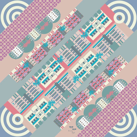 Complete view of Tanjong Pagar Scarf in teal, blush, and cream with geometric shophouses, palm accents, and retro circular motifs