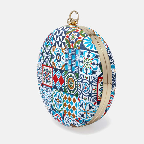 Cocoonese Round Hard Case Bamboo Handle Bag with peranakan tiles design frame is made from brass plated electroplating alloys
