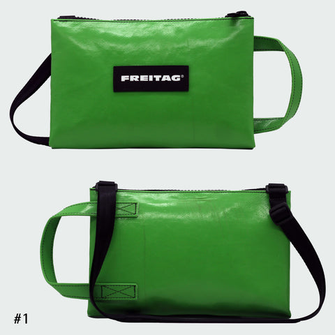 Front and back views of FREITAG F272 EDDIE crossbody bag, green with green handle and black strap.