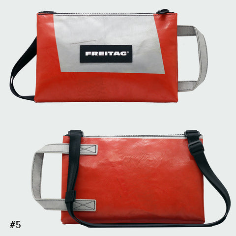 Front and back views of FREITAG F272 EDDIE crossbody bag, orange with grey handle and black strap