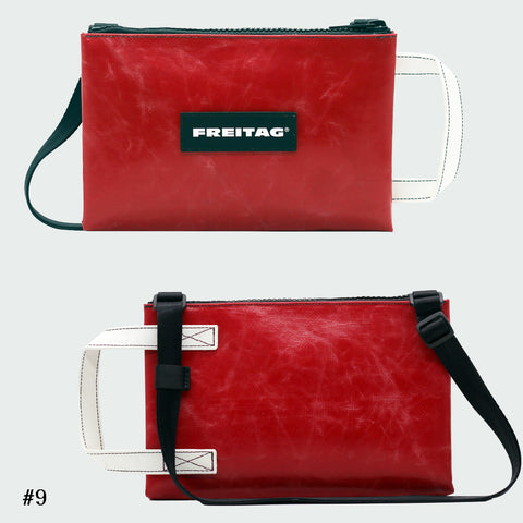 Front and back views of FREITAG F272 EDDIE crossbody bag, red with white handle and black strap.