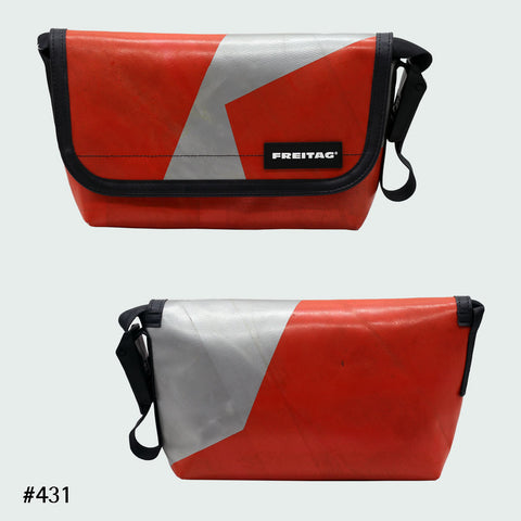 FREITAG F41 Hawaii Five-O messenger bag in orange and silver colorblock, upcycled truck tarp, front and back views.