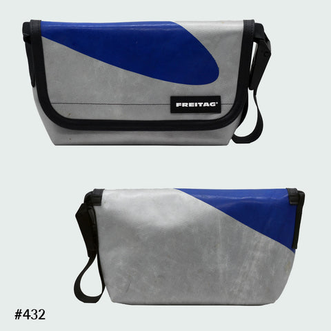 FREITAG F41 Hawaii Five-O messenger bag in grey with curved blue graphic, upcycled truck tarp, front and back views.