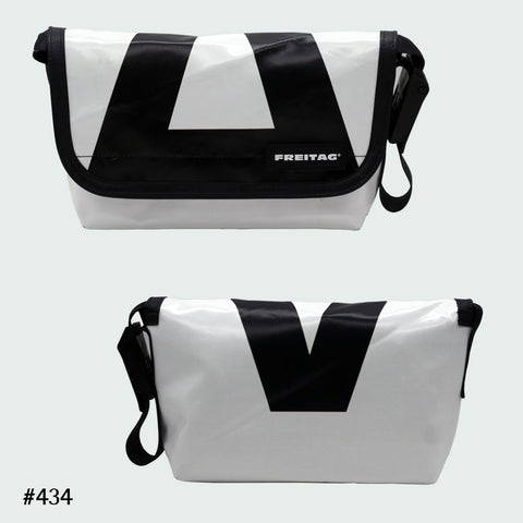 FREITAG F41 Hawaii Five-O messenger bag in white with bold black graphic, upcycled truck tarp, front and back views.