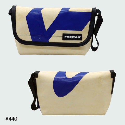 FREITAG F41 Hawaii Five-O messenger bag in offwhite with blue graphic, upcycled truck tarp, front and back views.
