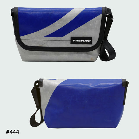 FREITAG F41 Hawaii Five-O messenger bag in blue and white with diagonal stripes, upcycled truck tarp, front and back views.