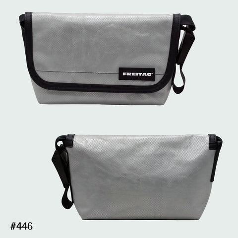 FREITAG F41 Hawaii Five-O messenger bag in solid silver, upcycled truck tarp, front and back views.
