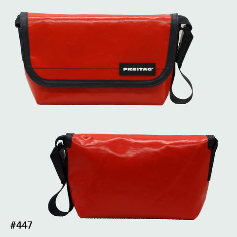 FREITAG F41 Hawaii Five-O messenger bag in solid red, upcycled truck tarp with adjustable strap, front and back views.