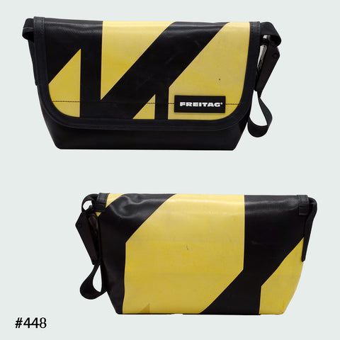 FREITAG F41 Hawaii Five-O messenger bag in yellow and black geometric pattern, upcycled truck tarp, front and back views.