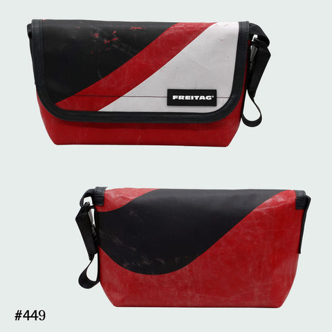 FREITAG F41 Hawaii Five-O messenger bag in red, black, and white diagonal graphic, upcycled truck tarp, front and back views.