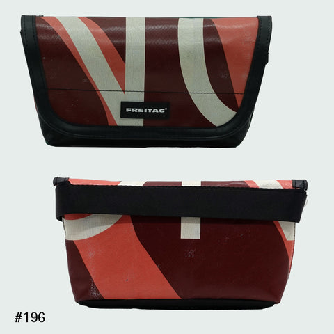 FREITAG F40 Jamie hip bag in maroon, offwhite, and pink with wave graphic, upcycled truck tarp belt bag, front and back views