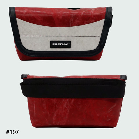 FREITAG F40 Jamie hip bag in red and white, upcycled truck tarp belt bag with adjustable strap, front and back views.