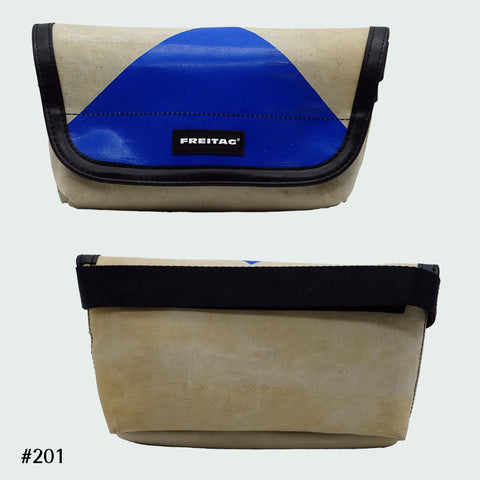 FREITAG F40 Jamie hip bag in grey with blue arc graphic, upcycled truck tarp belt bag, front and back views