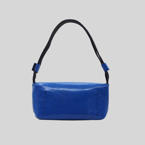 Back view of FREITAG F171 LAURA shoulder bag, blue with black strap.