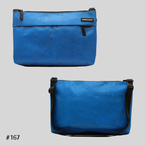 FREITAG F553 LOU shoulder bag in blue, upcycled truck tarp crossbody with adjustable strap, shown in front and back views