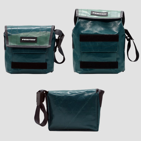 Front, extended and back views of FREITAG F11 LASSIE messenger bag in dark green, with a lighter green flap and black strap