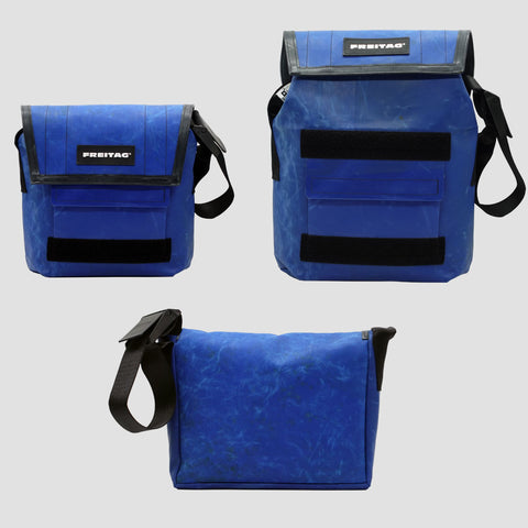 Front, extended and back views of FREITAG F11 LASSIE messenger bag in blue, with black trim and black strap