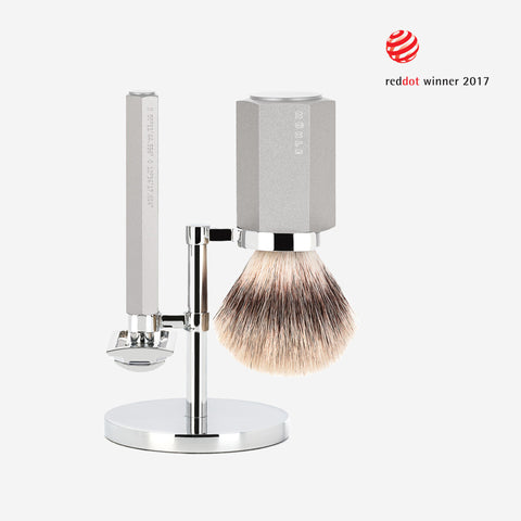 Silver shaver and shaving brush with stand, 20217 Red Dot Design Award winning product