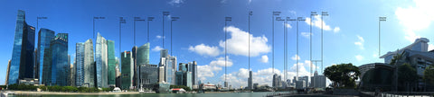Panoramic cityscape of Marina Bay featuring prominent skyscrapers, each labeled with its architect’s name