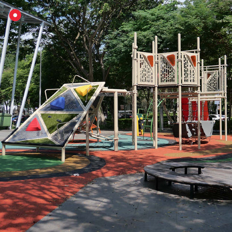 Playground next to Red dot design museum with unique design blends physical challenge and sensory play