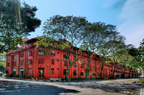Iconic red building with trees in front on a sunny day along Maxwell road