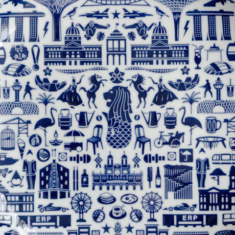 Close-up view of Supermama plate that shows blue icons icons and symbols